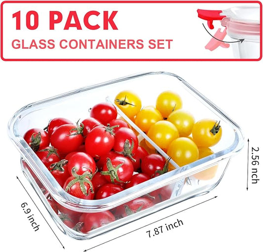 VERONES 10 Pack Glass Meal Prep Containers 2 Compartment Set, 30 OZ Airtight Glass Lunch Containers, Food Storage Containers with Lids, for Microwave, Oven, Freezer & Dishwasher Friendly,Red