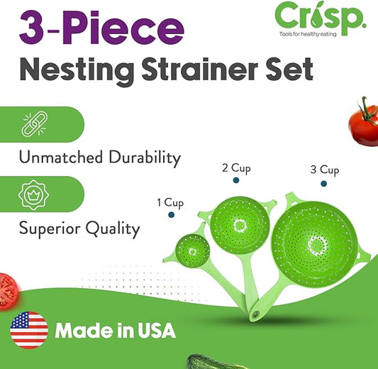 Crisp 3 Piece Nesting Strainer Set - Plastic, Durable Kitchenware, Dishwasher Safe - Made in the USA - Green