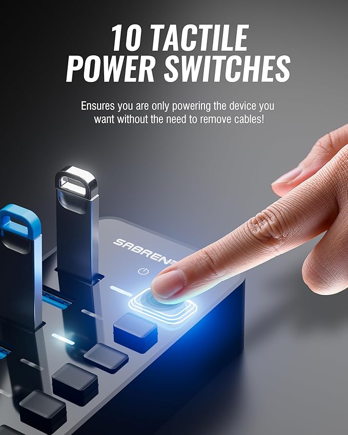SABRENT 10-Port 60W USB 3.0 Hub with Individual Power Switches and LEDs, Includes 60W 12V/5A Power Adapter (HB-BU10)