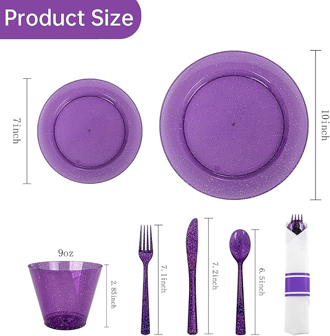 DaYammi 210 Purple Glitter Plastic Dinnerware Set for 30 Guests, Fancy Disposable Plates for Party, Include: 30 Dinner Plates, 30 Dessert Plates, 30 Pre Rolled Napkins with Purple Silverware, 30 Cups
