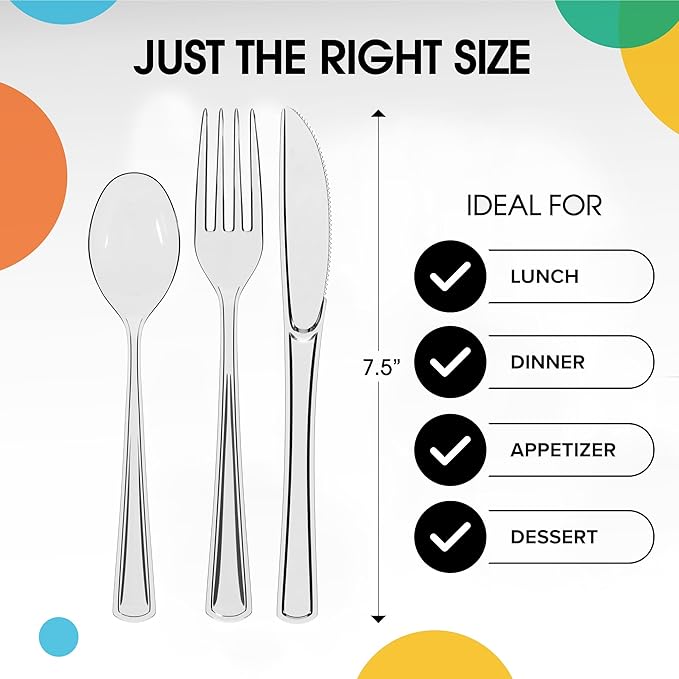 Party Solids Clear Plastic Silverware Heavy Duty 150 Pieces Clear Disposable Silverware Heavy Duty, Utensil Sets, 50 Of Each Forks, Knives & Spoons Disposable Cutlery Set For Party Supplies
