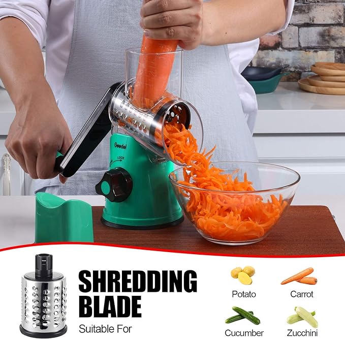 Geedel Rotary Cheese Grater with 3 Interchangeable Blades, Kitchen Mandoline Vegetable Slicer for Fruit, Nuts , Easy to Clean