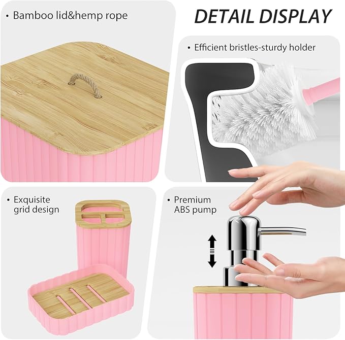 Bathroom Accessories Set - 10PC Bathroom Set, Pink Bathroom Set, Bathroom Accessories Set, Toilet Brush, Bathroom Trash Can & Soap Dispenser