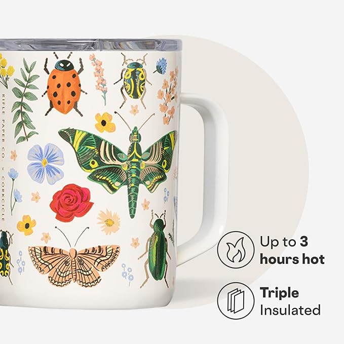 Corkcicle x Rifle Paper Co. Triple Insulated Coffee Mug with Lid & Handle - Keeps Beverages Hot for 3+ Hours - Gift for Mom - Great for Mother's Day or Christmas - 16 oz - Curio Cream
