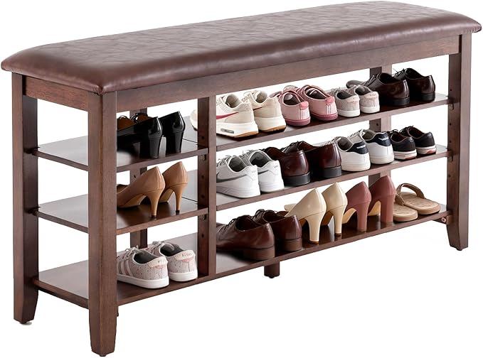 PY HOME & SPORTS Shoe Rack for Entryway 47": 3-Tier Shoe Storage Bench, Adjustable/Removable Shelves, Rubberwood Shoe Benches for Hallway, Porch, Bathroom, Brown