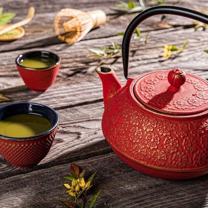 Restaurantware-30 Ounce Japanese Teapot, 1 Enamel Coated Japanese Tea Kettle - Cherry Blossom Design, Includes Mesh Strainer, Red Cast Iron Primitive Kettle, For Teabags And Loose Leaf Tea