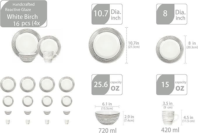 16 Piece Dinnerware Set, Ceramic Plates and Bowls Sets for 4, Microwave and Dishwasher Safe, Handcrafted Tree Bark Series Dish Set, White Birch