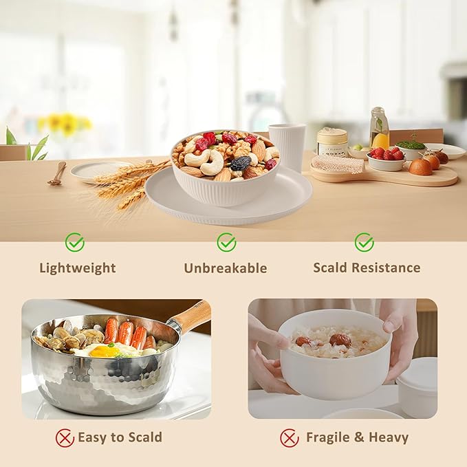 24pcs Wheat Straw Dinnerware Sets For 8, Unbreakable Plates and Bowls Wheat Straw Dinnerware Microwavable Cups Plates and Bowls Sets Shatterproof For Outdoor Kitchen Camping
