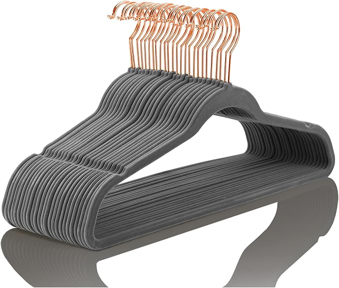 MIZGI Premium Velvet Hangers (30 Pack) Heavy Duty - Non Slip - Velvet Suit Hangers Gray - Copper/Rose Gold Hooks,Space Saving Clothes Hangers (Gray)