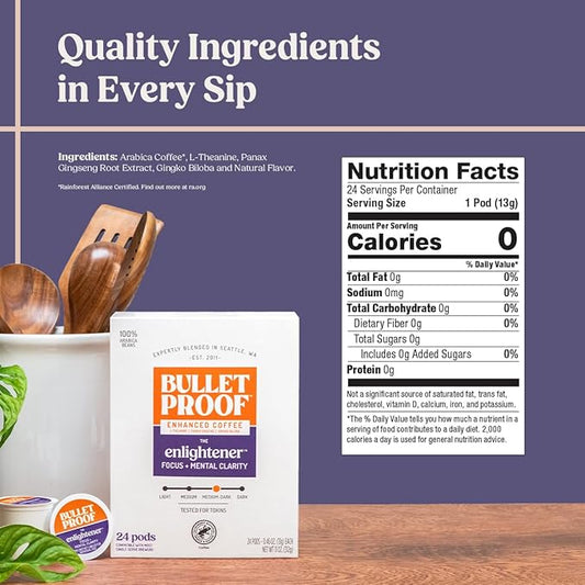 Bulletproof The Enlightener Coffee Pods, 24 Count, Medium-Dark Roast Enhanced Coffee with L-Theanine, Panax Ginseng and Gingko Biloba, Supports Mental Clarity, Focus, and Memory