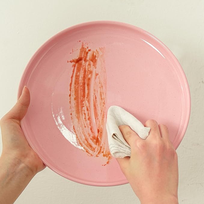 8-Inch Plates Set of 4, Dual Glaze Stoneware Plate, Microwave and Dishwasher Safe, Ceramic Plates for Salads & Desserts, Pink