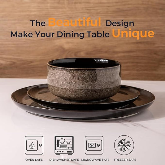 LeRatio Ceramic Dinnerware Sets for 4,12-Piece Plates and Bowls,Handmade Reactive Glaze Dishes Set, Scratch Resistant | Oven&Dishwasher & Microwave Safe,Service for 4(12pcs),Modern-Chestnut