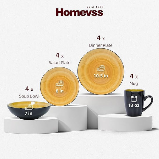 Sonoma 16 Piece Stoneware Dinner Set, Outside Black + Inside Handpainted Color Yellow with speckle