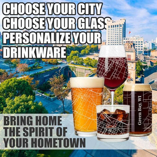 Blue Ridge Mountain Gifts - Greenbay Souvenir - Wisconsin Glassware Gift, Etched City Map, Laser Engraved and Dishwasher Safe