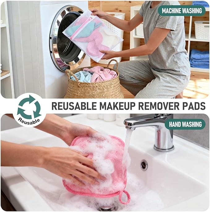 12 Pack Makeup Remover Cloth, 6" x 6" Reusable Makeup Remover Towels Face Washcloth for Washing Face, Makeup Remover Pads Cosmetic Face Wash (Pink-White-Blue)