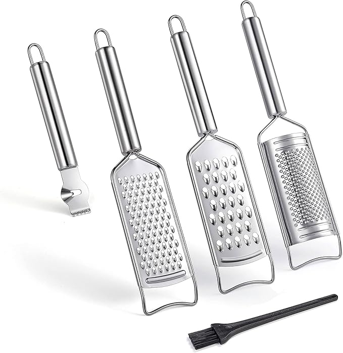 Tongjude Stainless Steel Cheese Grater Set, Set of 5 Kitchen Grater & Peeler & Slicer, Lemon Zester with Cleaning Brush for Vegetable, Fruit, Chocolate