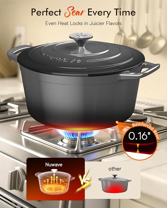 Nuwave 6QT Healthy Enameled Cast Iron Dutch Oven Pot with Lid, Heavy Duty 7-Layer Enamel, Enhanced Rust Protection, Dual Handles, Oven Safe to 500°F for Sourdough Bread Baking, Braise, Stew, Roast