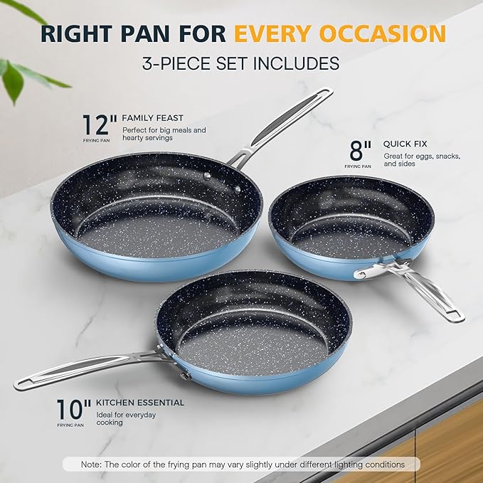 Nuwave 3-Piece 8”, 10”, 12” Forged Lightweight Frying Pan Set, G10 Healthy Duralon Blue Ceramic Ultra Non-Stick, Ergonomic Stay-Cool Handles, Induction-Ready & Works on All Cooktops