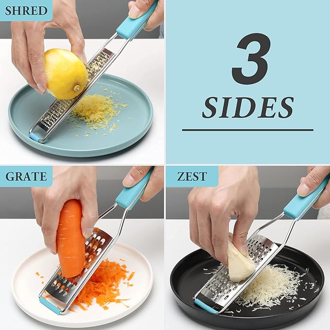 Cambom Lemon Zester Grater Three-piece Suit - Heavy Duty Kitchen Tool for Parmesan Cheese, Ginger, Garlic, Nutmeg, Chocolate, Vegetables,Fruits,Stainless Steel Grater Dishwasher Safe Blue