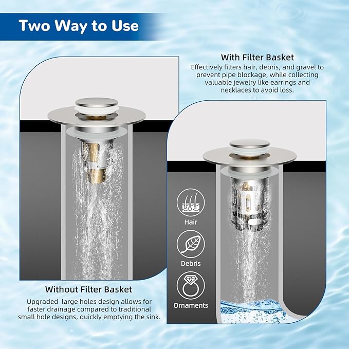 Hibbent 2 Pack Upgraded 3 in 1 Bathroom Sink Drain Strainer, Universal Pop Up Stopper with Removable Stainless Steel Filter Basket Hair Catcher, Sink Plug for 1.1''~2.36'' Basin, Brushed Nickel