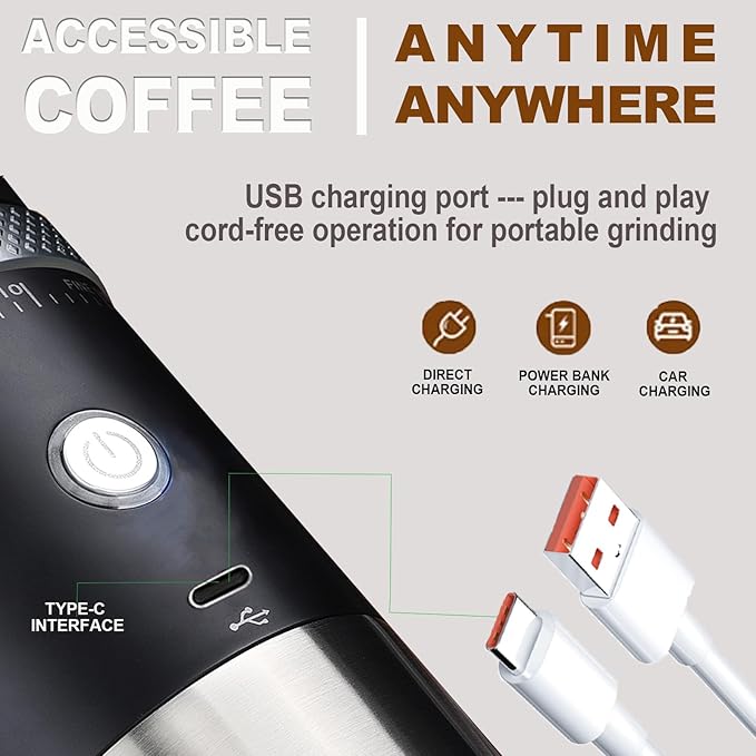 Portable Burr Coffee Grinder, Electric Rechargeable Adjustable Burr Mill Machine with Conical Ceramic, Suitable for Travel,Camping,Office, Espresso (Black)