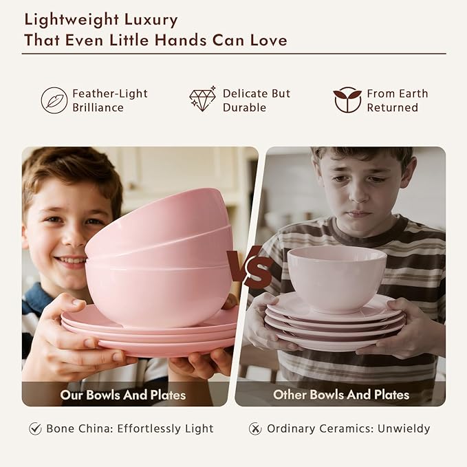 KINGSTONE Bone China Dinnerware Sets, 24-Piece Dinnerware Set for 8, Lightweight Durable, Dishwasher Safe, Tableware for Daily Use with Elegant Design, Pink
