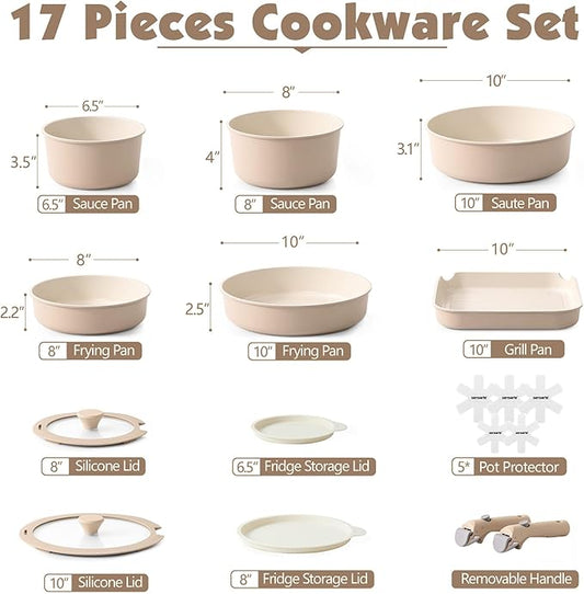 SENSARTE 17 Piece Ceramic Pots and Pans Set, Nonstick Detachable Handle Cookware, Induction Kitchen Cookware Set with Removable Handle, Dishwasher & Oven Safe (Almond Beige)