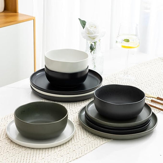 AmorArc Ceramic Dinnerware Sets, Wavy Rim Stoneware Plates and Bowls Sets, Highly Chip and Crack Resistant | Dishwasher & Microwave Dishes set, Service for 4 (12pc)-4 Color