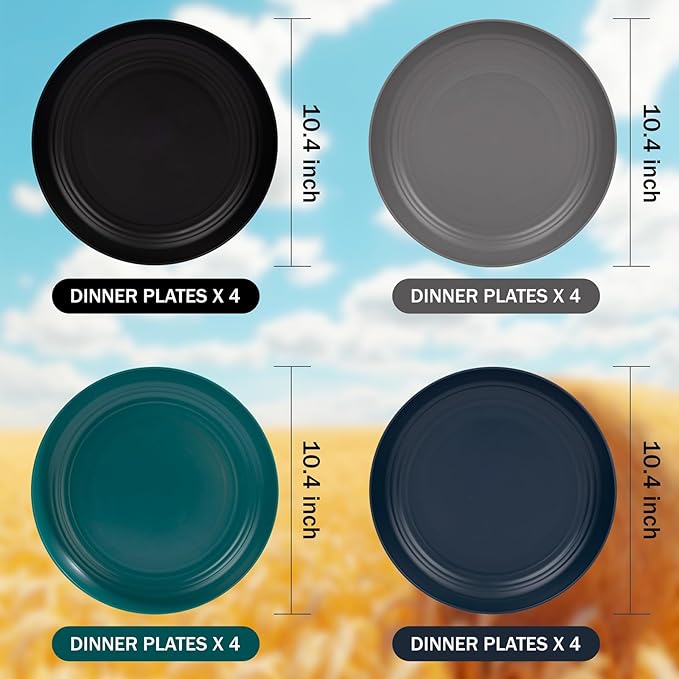 Supernal 10" Wheat Straw Dinner Plates,Reusable&Durable Plastic Plates Dishwasher Safe,16-Pack (4 Black, 4 Dark Green, 4 Dark Blue, 4 Dark Gray), Versatile Tableware for Modern Dining and Outdoor Use