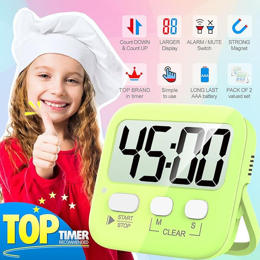 Antonki 2 Pack Digital Timer for Kids, Magnetic Countdown Kitchen Timers for Cooking, Egg, Classroom, Teacher, Exercise, Study, Oven - Battery Included