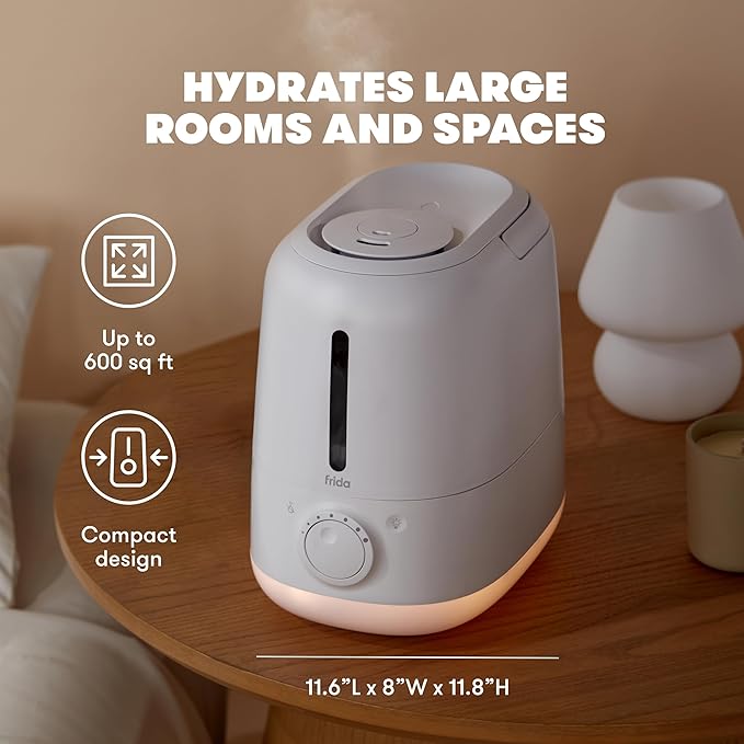 Frida Baby 3-in-1 XL Top Fill Humidifier for Bedroom, Cold & Flu Relief, 6L Tank Cool Mist Humidifier + Diffuser for Large Rooms, Mold Resistant, Nightlight, Auto-Off, Quiet, Essential Oil Diffuser