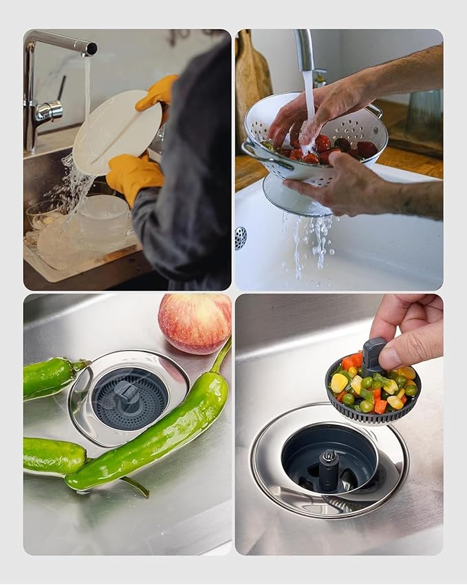 Hibbent 2 Pack 3 in 1 Kitchen Sink Drain Strainer and Stopper Combo, Chrome Stainless Steel Wraped Shell, 6 Anti-Clogging Basket Strainer with Foldable Handle for US Standard 3-1/2" Drain