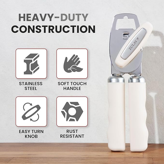 Zulay Kitchen Heavy Duty Stainless Steel Can Opener Manual with Bottle Opener - Rust Proof Manual Can Opener With Turn Knob & Comfy Soft Grip Handles - Cream