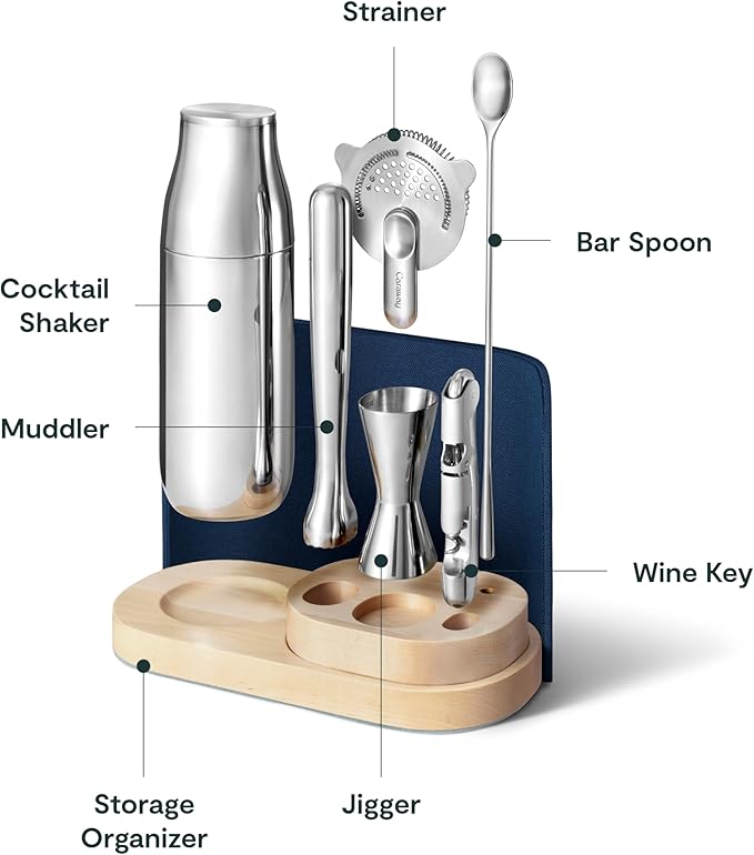 Caraway 9-Piece Complete Bar Set - Cocktail Shaker, Jigger, Muddler, Wine Key, Strainer, Bar Spoon, Storage Organizer, Magnetic Backer - Bartender Accessories - Tools for Home Bartending - Navy
