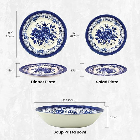 Tudor Royal 12-Piece Porcelain Round Dinnerware Set, Service for 4, Victoria Blue Design, Blue Floral, Plates Bowls Dishes, Glossy, Premium Quality Tableware, Unique Pattern
