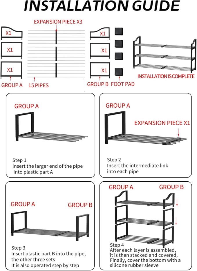 3-Tier Shoe Rack Expandable Shoe Rack for Closet Small Shoe Storage Rack for Entryway Adjustable Shoe Shelf for Small Space, Metal Shoe Organizer for Garage, Front Door Entrance