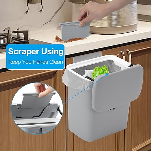 Compost Bin for Kitchen -2.4 Gallons/9L Trash Can for Under Sink,Hanging Small Trash Can with Lid for Bathroom/Bedroom, Indoor Compost Bucket (Grey)