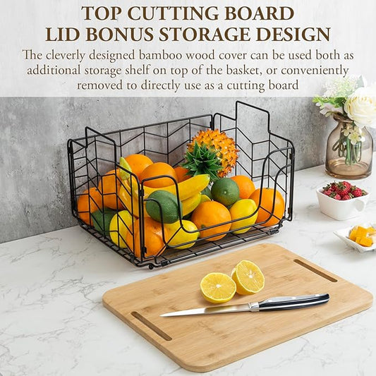 MyGift Kitchen Storage Wire Basket, Foldable Matte Black Metal Fruit and Produce Basket with Bamboo Cutting Board Lid, Pantry Counter Organization