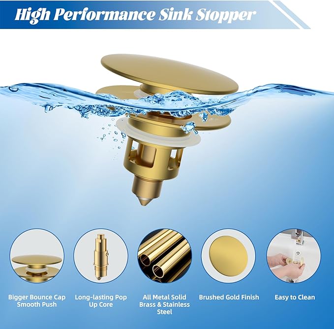 Hibbent 2 Pack All Metal Bathroom Sink Stopper, Universal Pop Up Drain Strainer, Brass Bullet Core Push Type Sink Stopper for 1.1''~2.3'' Basin, Big Push Button, Anti Clogging Filter, Brushed Gold