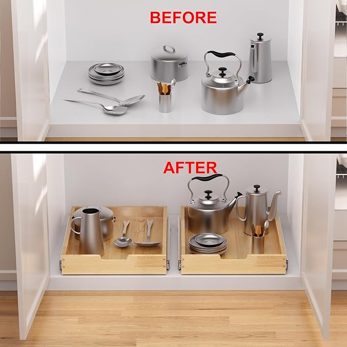 Wood Pull Out Cabinet Organizer 17" W x 21" D, Heavy-Duty Sliding Drawers for Inside Cabinets Storage and Organization for Kitchen, Pantry, Bathroom