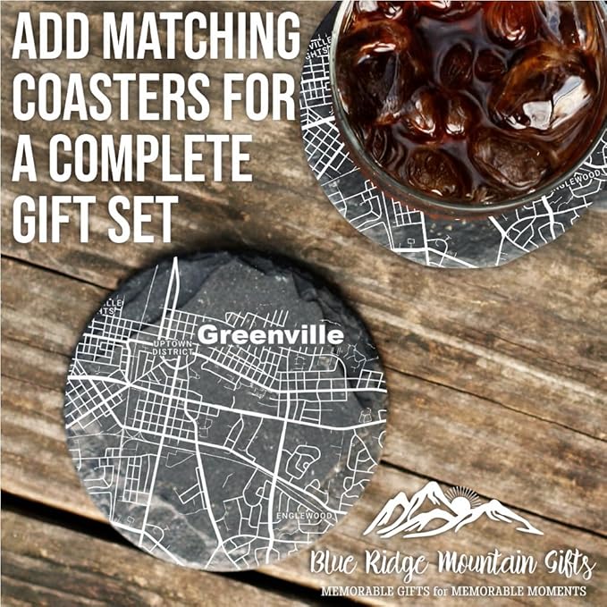 Blue Ridge Mountain Gifts - Greenville Souvenir - North Carolina Glassware Gift, Etched City Map, Laser Engraved and Dishwasher Safe