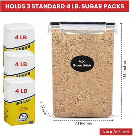 Extra Large Flour and Sugar Storage Containers 6.5L/220 Fl. oz; Set of 2 Plastic Bulk Airtight Food Storage Rice Containers With Lids - Kitchen Pantry Organizer and Storage Canisters, Marker & Labels