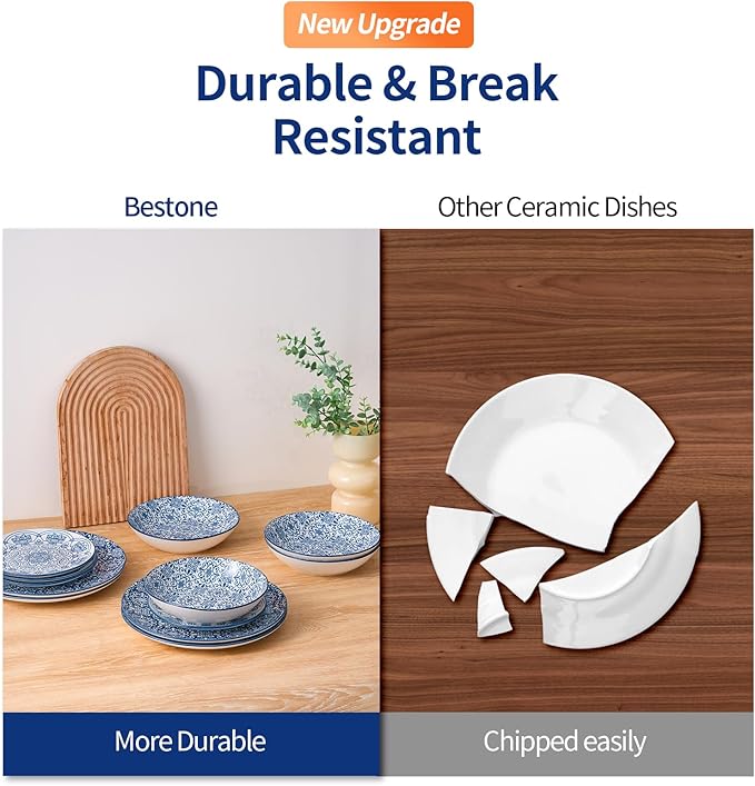 Bestone Porcelain Dinnerware Sets Service for 4, 12 pcs Hand drawn Plates and Bowls Sets, Handmade Ceramic Dish Set, Chip Resistant Modern Plate Set, Dishwasher/Microwave Safe,Vintage Blue