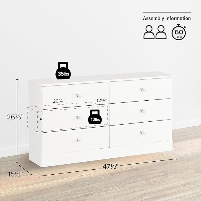 Prepac Astrid 6 Drawer Double Dresser for Bedroom with Crystal Knobs, Wide Chest of Drawers, Bedroom Furniture, Clothes Storage and Organizer, 15.5" D x 47.5" W x 26.85" H, White