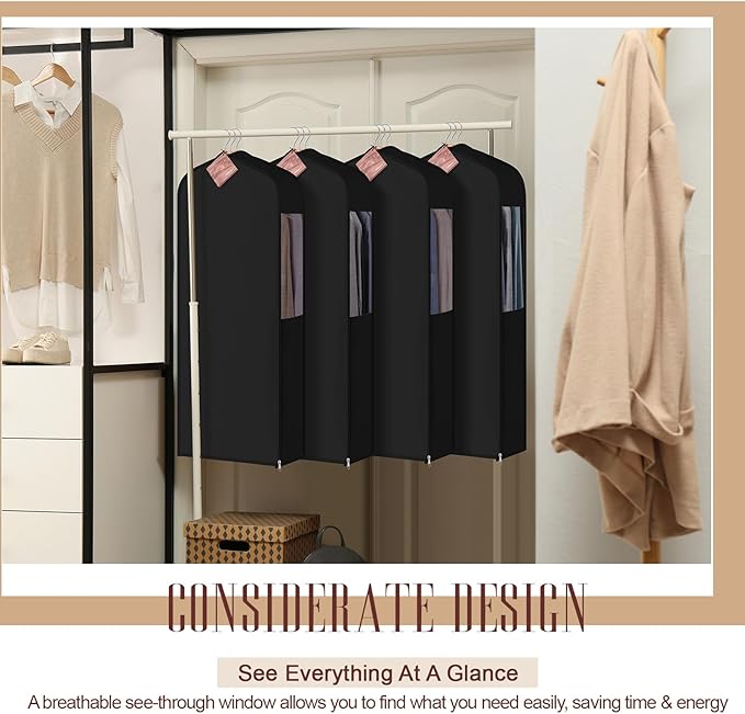 40" Cotton Garment Bag for Hanging and Storage Clothes with 4 Cedar Blocks for Fresh Smell and Moth Protection, Breathable Hanging Storage Bag for Suit Sweater Gown Fur Coat, 6'' Wide, Black
