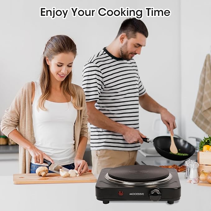Countertop Single Cast Iron Burner 1000 Watts Electric Hot Plate with Adjustable Temperature 6.1" Cooktop for Dorm, Office, Home, Camp, Compatible for All Cookwares