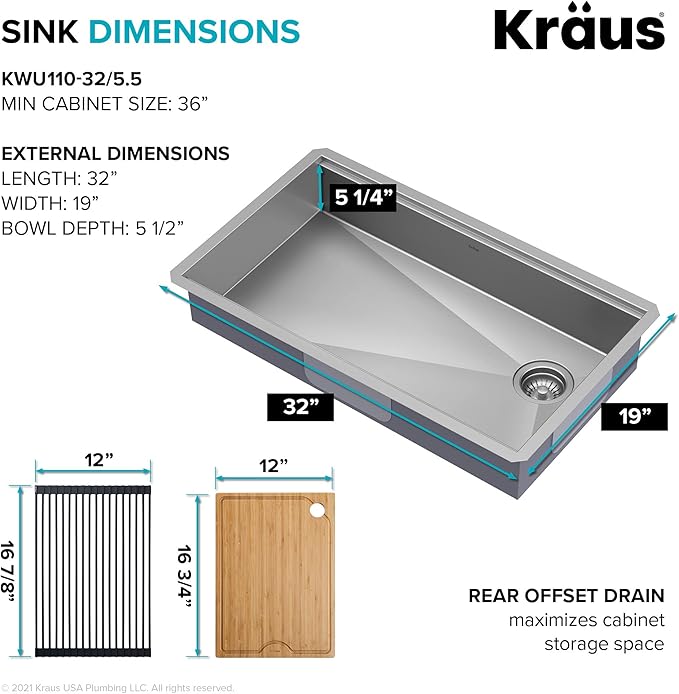KRAUS Kore ADA Workstation 32-inch Undermount 16 Gauge Stainless Steel Kitchen Sink, Single Bowl Kitchen Sink with Accessories, KWU110-32/5.5