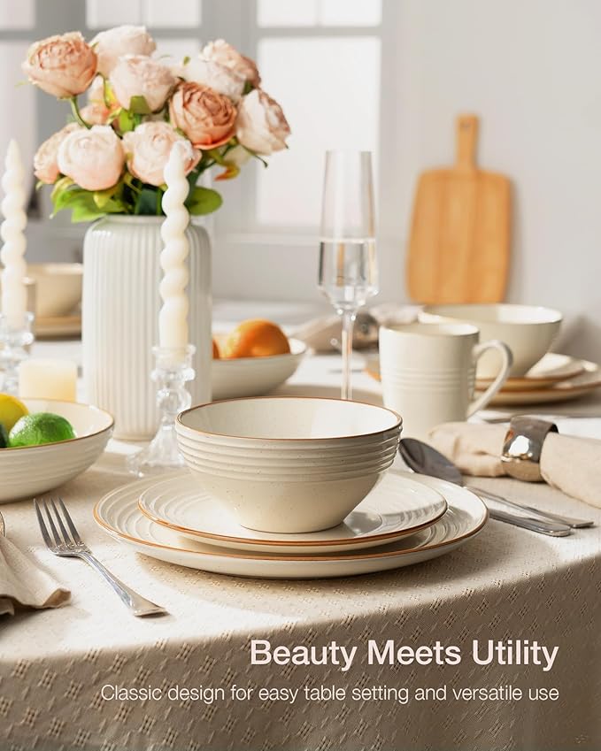 Famiware Jupiter Dinnerware Set, Plates and Bowls Dish Sets for 4 (12 Pieces), Microwave and Dishwasher Safe Stoneware Speckled Tableware, Chip and Scratch Resistant, Vanilla White
