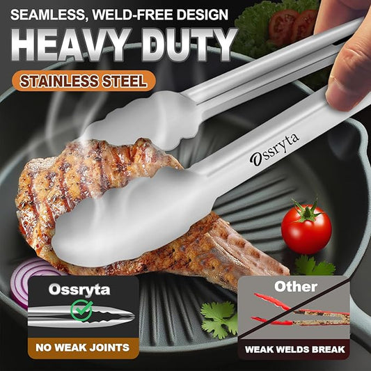 Stainless Steel Cooking Tongs Set of 3 - Heavy Duty 12/9/7 Inch Locking Tongs, Heat Resistant to 600 Degrees, Food Grade Kitchen Metal Tong for Food, Salad, & BBQ - Dishwasher Safe