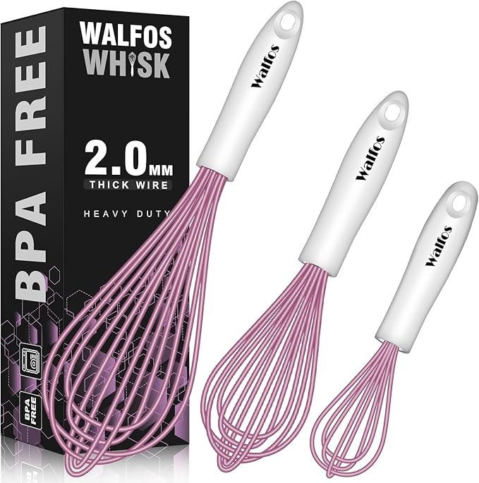 Walfos Whisk, Silicone Whisks for Cooking & Baking Non Scratch Rubber Coated Pink Whisk for Non-stick Wisk, Perfect for Frothing, Blending, Beating and Whisking (3pack Pink)